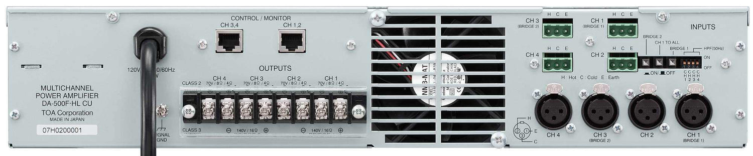 TOA Electronics 4-Channel Digital Amplifier (500W Per Channel, 70V) - DA-500F-HLCU Audio Amplifiers TOA