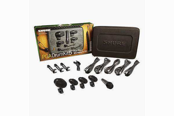 Shure PGADRUMKIT5 5-piece drum mic kit including 1-PGA52, 3-PGA56, 1-PGA57, 1-A25D stand adapter, 3-AP56DM drum mounts, 5 XLR-XLR cables, case Microphnes Shure