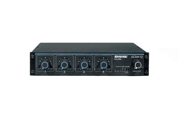Shure SCM410 Four-Channel Automatic Microphone Mixer (110V) with Logic Control and EQ per Channel, AC only, Half Rack Space Single and Dual Mount Microphnes Shure