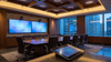 Executive boardroom with dual displays, pan-tilt cameras, ceiling microphone arrays and a table-mounted touch control panel