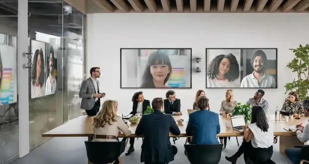 A meeting room with people gathered around a table, displaying portraits on walls.