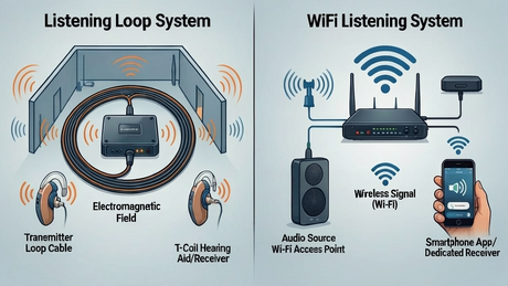 Diagram comparing Listening Loop and WiFi Listening systems.