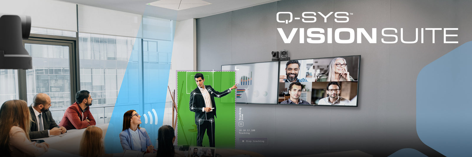A modern meeting room showcasing O.SYS Vision Suite technology presentation.