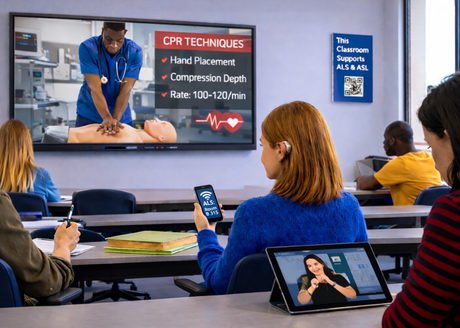 Students learning CPR techniques in a classroom setting with instructional video.