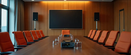 Modern conference room with a long table, orange chairs, and a large screen.