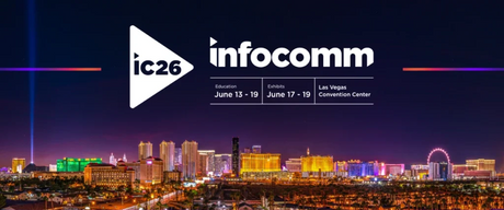 Infocomm 2023 event banner with Las Vegas skyline background.