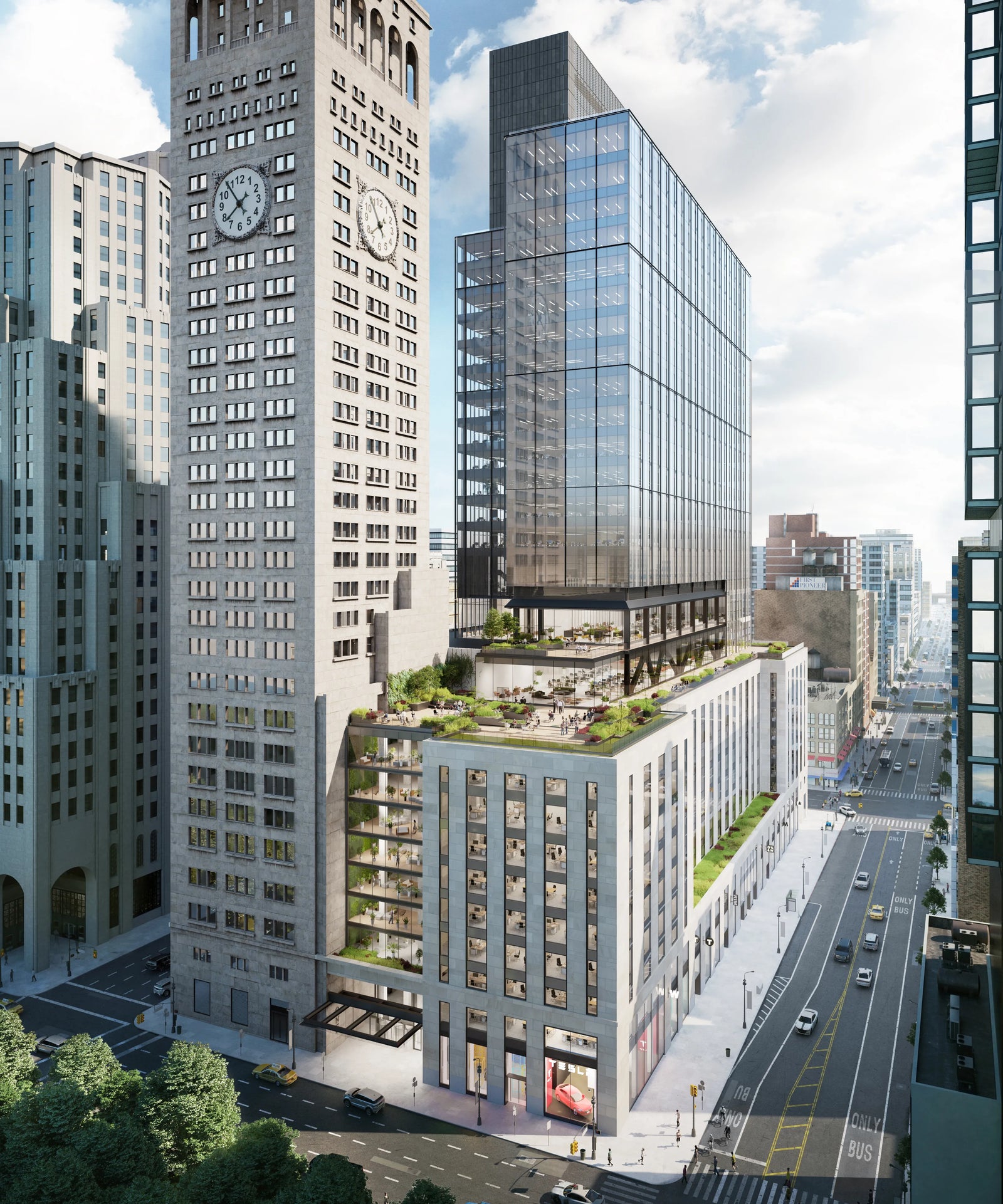 Modern skyscrapers with greenery in an urban setting.