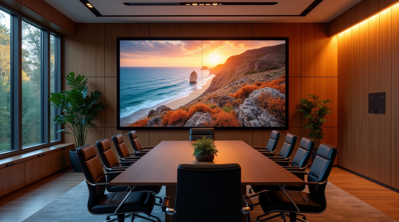 Modern conference room with large screen displaying a coastal sunset.