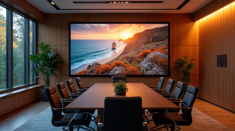Modern conference room with large screen displaying a coastal sunset.
