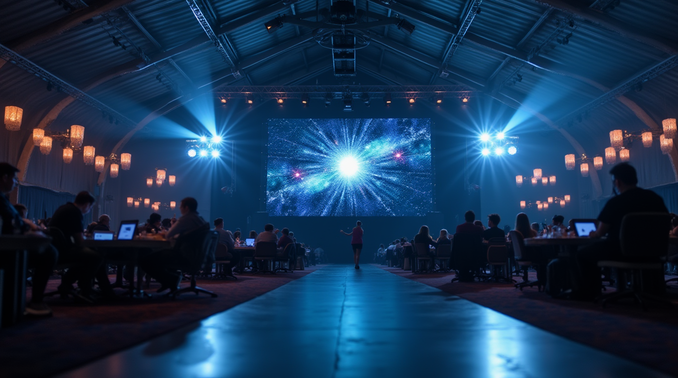 A conference hall with blue lights and a large screen in the background.