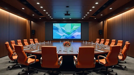 A modern conference room with orange chairs and a large screen.