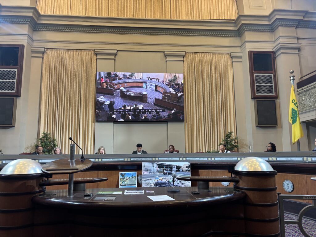 Interior of a legislative chamber with a large screen and decorative elements.