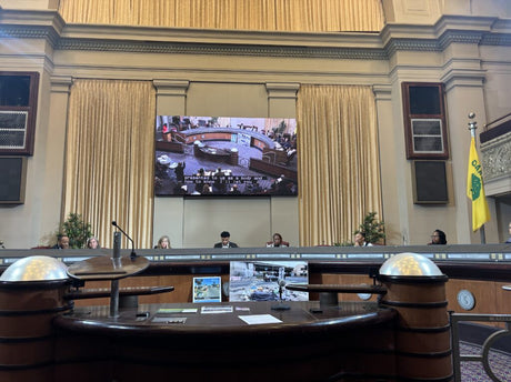 Interior of a legislative chamber with a large screen and decorative elements.