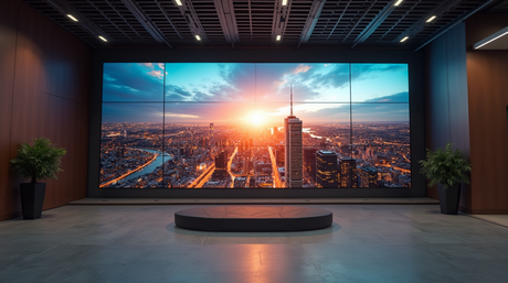 Modern interior with large screen displaying a sunset cityscape.