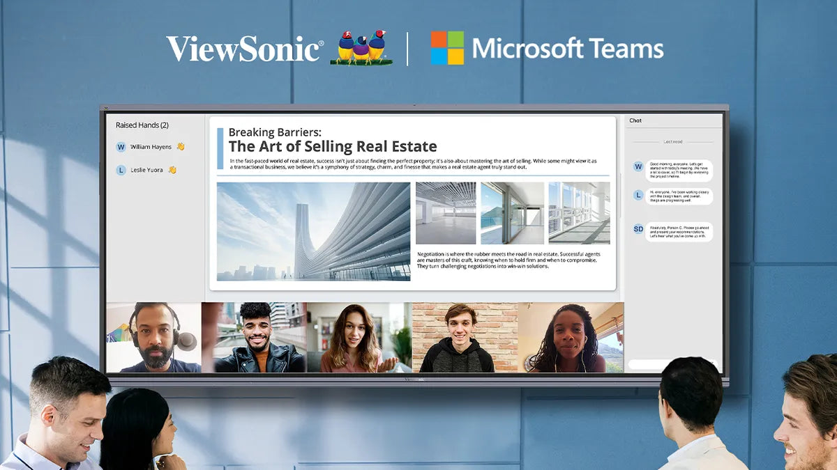Group video call displayed on a large screen with ViewSonic and Microsoft Teams logos.