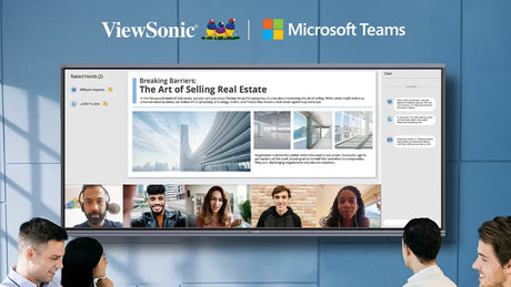 Group video call displayed on a large screen with ViewSonic and Microsoft Teams logos.