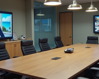 A modern conference room with large screens and a wooden table.