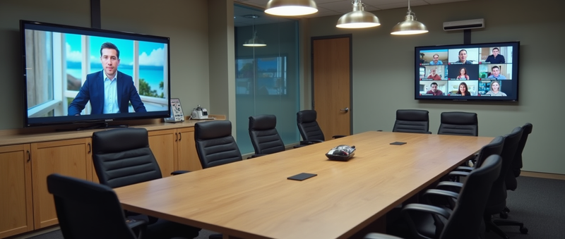 A modern conference room with large screens and a wooden table.
