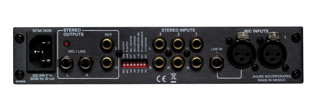 Shure SCM262 Stereo Mixer for use with 2 Microphones and 3 Stereo Sources, with Ducking and Phantom Power, AC only, Half Rack Space, Single and Dual Mount Microphones Shure