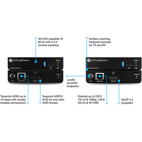 Atlona 4K HDR HDMI over HDBaseT Transmitter & Receiver Kit - AT-HDR-EX-70-2PS