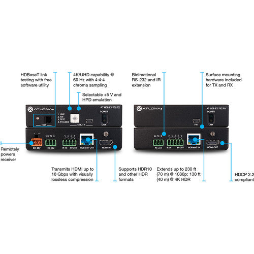 Atlona 4K HDR Transmitter and Receiver Set with IR, RS-232, and PoE - AT-HDR-EX-70C-KIT