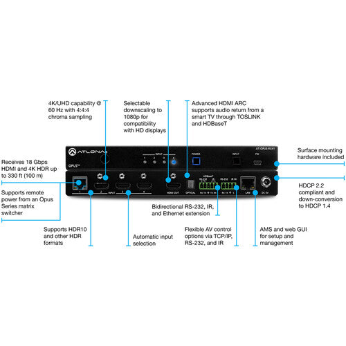 Atlona Four-Input 4K HDR Switcher with HDMI and HDBaseT Inputs - AT-OPUS-RX41