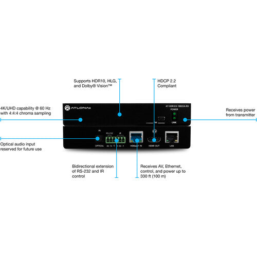 Atlona 4K HDR HDBaseT Receiver with Control, Ethernet, and Remote Power - AT-HDR-EX-100CEA-RX