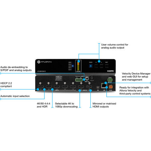 Atlona 5x2 4K HDR HDMI Matrix Switcher - AT-HDR-SW-52