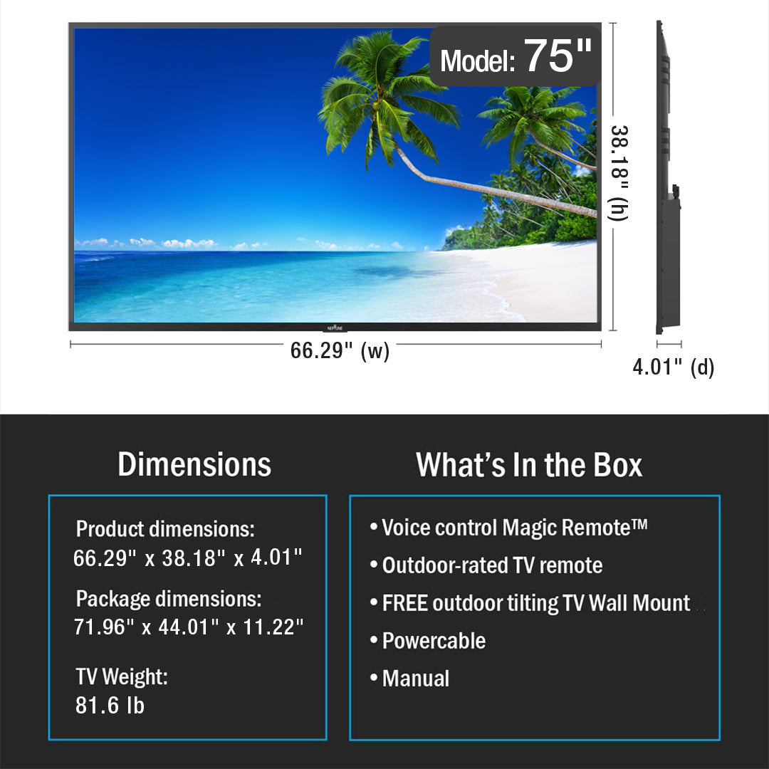 Peerless-AV BWPTV754 75-inch Neptune Full Sun outdoor smart TV dimensions diagram