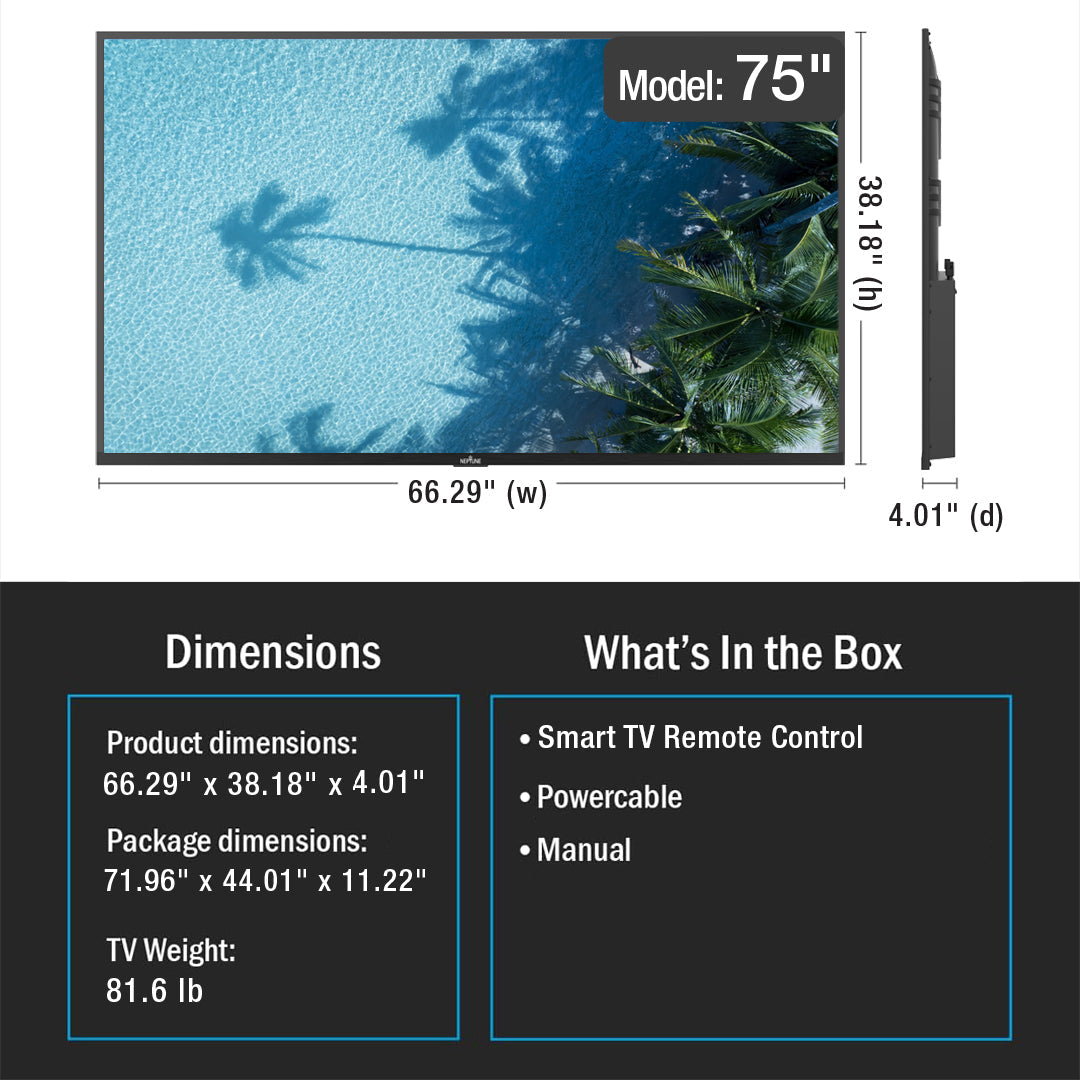 Peerless-AV BWPTV75PS1K 75-inch Neptune Partial Sun Outdoor TV dimension diagram