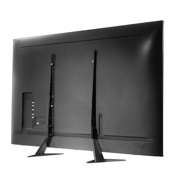 Peerless-AV RTS88 replacement legs installed on TV stand, rear view