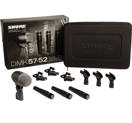 Shure DMK57-52 Drum Microphone Kit, includes 3 SM57 Microphones, one BETA 52A Microphone, three A56D Drum-mounting Systems, and a Carrying Case Microphnes Shure