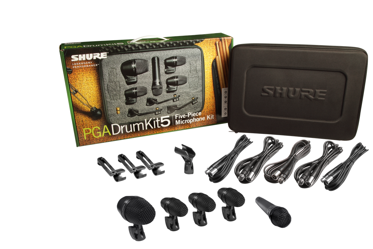 Shure PGADRUMKIT5 5-piece drum mic kit including 1-PGA52, 3-PGA56, 1-PGA57, 1-A25D stand adapter, 3-AP56DM drum mounts, 5 XLR-XLR cables, case Microphones Shure