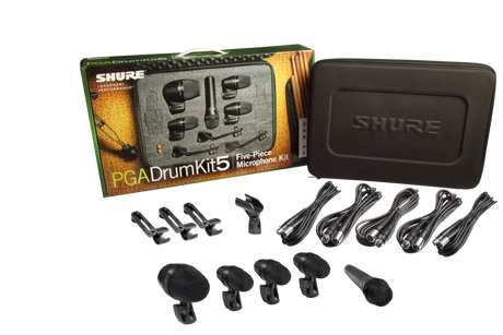 Shure PGADRUMKIT5 5-piece drum mic kit including 1-PGA52, 3-PGA56, 1-PGA57, 1-A25D stand adapter, 3-AP56DM drum mounts, 5 XLR-XLR cables, case Microphnes Shure