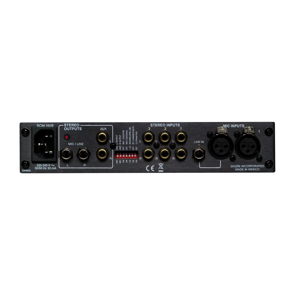 Shure SCM262 Stereo Mixer for use with 2 Microphones and 3 Stereo Sources, with Ducking and Phantom Power, AC only, Half Rack Space, Single and Dual Mount Microphones Shure