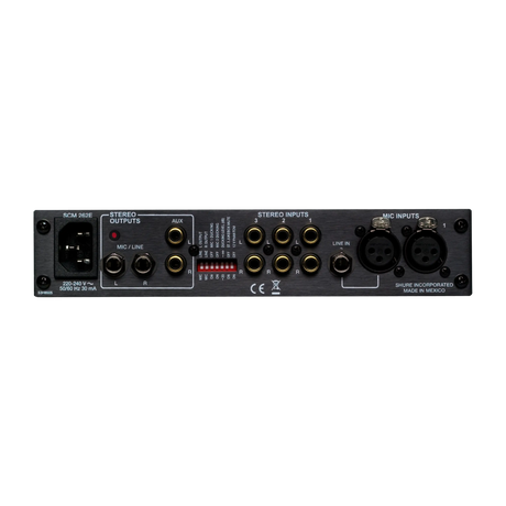 Shure SCM262 Stereo Mixer for use with 2 Microphones and 3 Stereo Sources, with Ducking and Phantom Power, AC only, Half Rack Space, Single and Dual Mount Microphnes Shure
