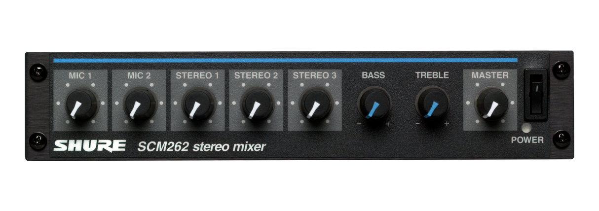Shure SCM262 Stereo Mixer for use with 2 Microphones and 3 Stereo Sources, with Ducking and Phantom Power, AC only, Half Rack Space, Single and Dual Mount Microphones Shure