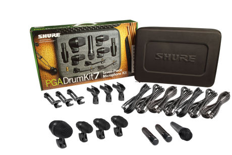 Shure PGADRUMKIT7 7-piece drum mic kit including 1-PGA52, 3-PGA56, 1-PGA57, 2-PGA81, 3-A25D stand adapters, 3-AP56DM drum mounts, 7 XLR-XLR cables, case Microphnes Shure