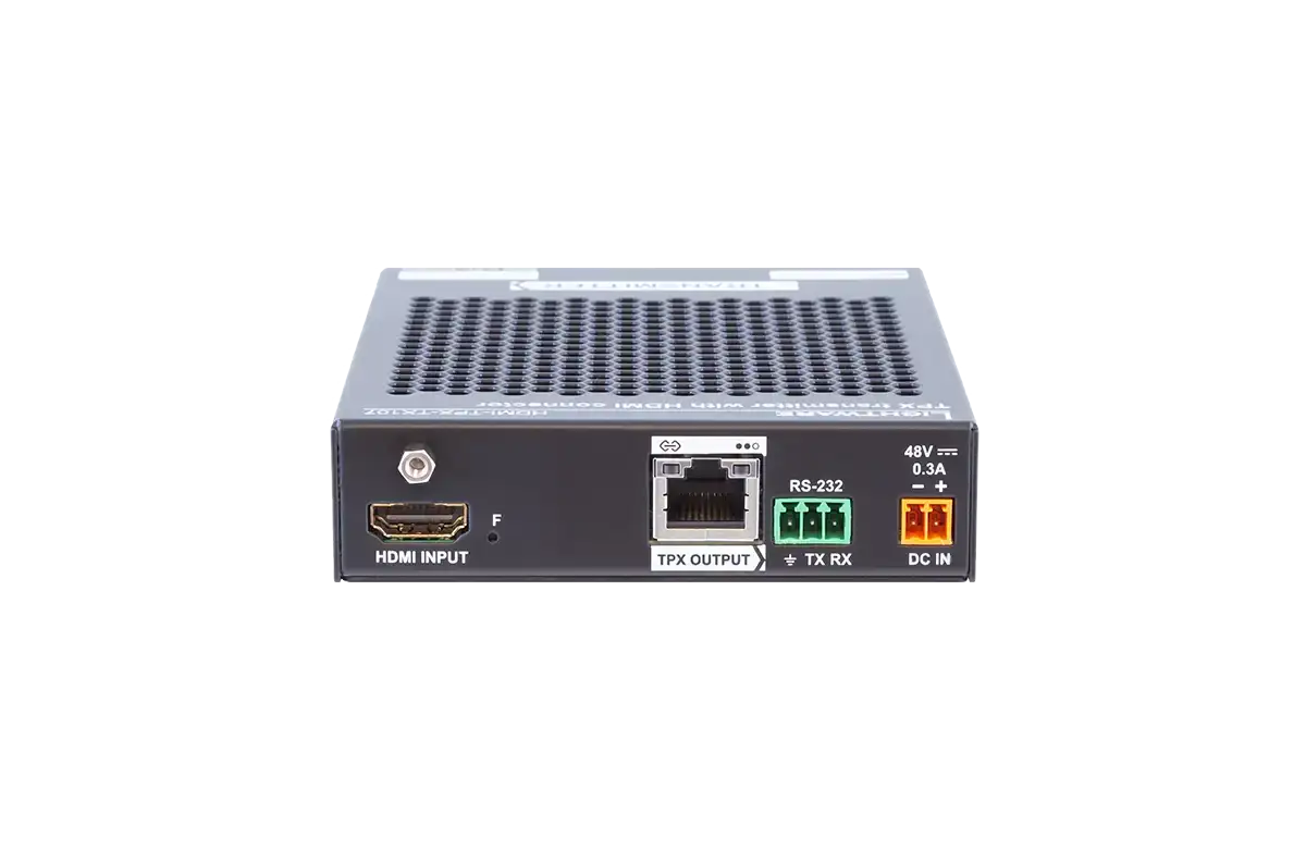 LightWare HDMI-TPX-TX107D Full 4K HDMI 2.0 TPX transmitter with RS-232, IR, Ethernet and PoE remote powering (PoE receive); supports 4K UHD @ 60Hz RGB 4:4:4, up to 18 Gbps, HDCP 2.2., Dante audio output.