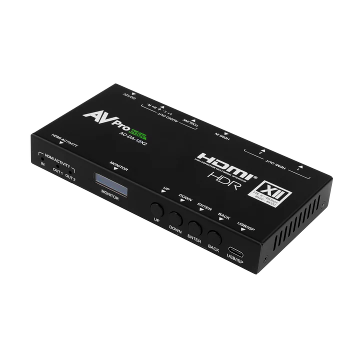 AVPro Edge 48Gbps HDMI scaling distribution amplifier with one input, dual outputs
