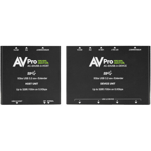 AVPro Edge 100-meter extension kit for USB 3.2 Gen 1 with a USB-C host and a four USB-A port hub connected via category cable