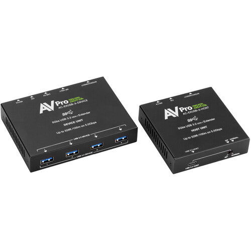 AVPro Edge 100-meter extension kit for USB 3.2 Gen 1 with a USB-C host and a four USB-A port hub connected via category cable