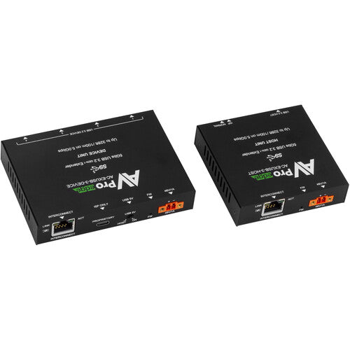 AVPro Edge 100-meter extension kit for USB 3.2 Gen 1 with a USB-C host and a four USB-A port hub connected via category cable