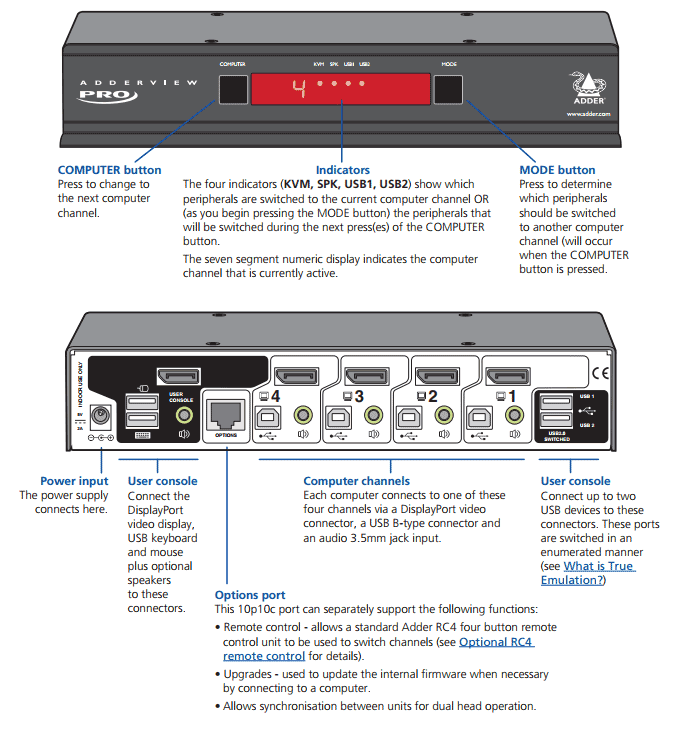 Adder AV4PRO-DP-US: 4-Port DisplayPort USB KVM Switch for Secure High-Res Video Control