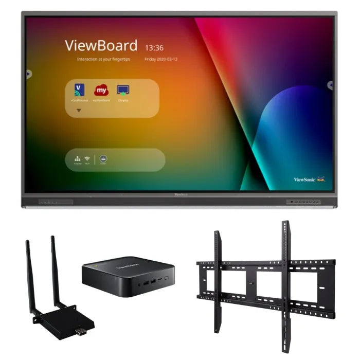 ViewSonic IFP6552-1C-C1 65" 4K Interactive ViewBoard Bundle, 33-Point Multi-Touch, myViewBoard Suite, Beamforming Mic & 45W Soundbar, WiFi/Bluetooth Adapter, NMP760 Chromebox, WMK-047 Wall Mount for Education Interactive Displays ViewSonic