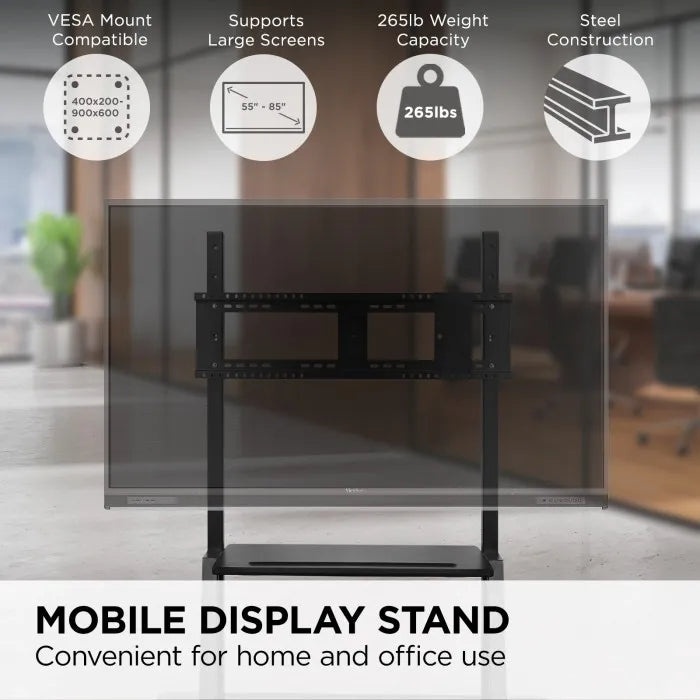 ViewSonic VB-STND-001 Mobile Trolley Cart, Black, Manual Height Adjustment up to 45.37", 360° Swivel, VESA 400x200 to 900x600mm, 15 lb Tray, ADA Compliant for 55"-86" Displays up to 265lbs TV & Monitor Mounts ViewSonic