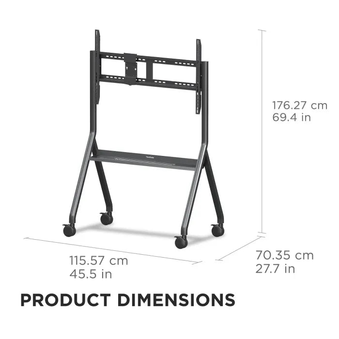 ViewSonic VB-STND-009 Slim Mobile Cart Stand, Grey, Manual Height Adjustment, 400x400 to 1000x600mm VESA, 4" 360° Lockable Casters for 55"-105" Displays up to 265lbs TV & Monitor Mounts ViewSonic