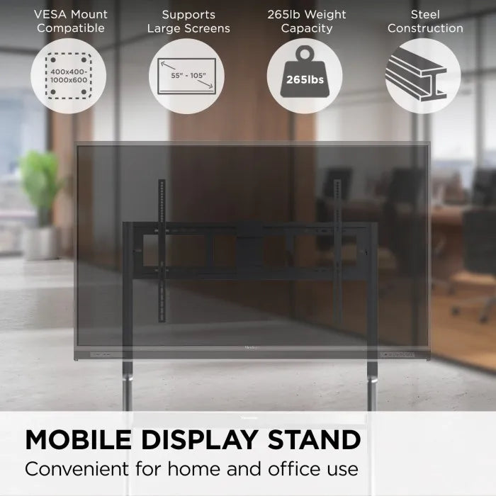 ViewSonic VB-STND-009 Slim Mobile Cart Stand, Grey, Manual Height Adjustment, 400x400 to 1000x600mm VESA, 4" 360° Lockable Casters for 55"-105" Displays up to 265lbs TV & Monitor Mounts ViewSonic