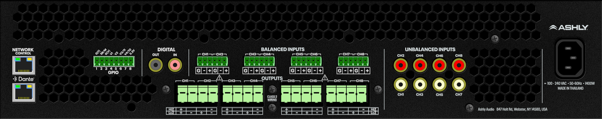 ASHLY FXD750.8 8-Ch Power Amp with DSP/Dante, 8 x 750W @ 2/4 Ohms, 375W @ 8 Ohms, 4 x 1500W BR @ 70V, 2U Amplifiers Ashly