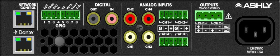 ASHLY FXD125.2 1/2RU Compact 2-Ch Power Amp with DSP/Dante, 2 x 125W @ 4/8 Ohms, 1 x 250W BR @ 70V, mounting kit option Amplifiers Ashly